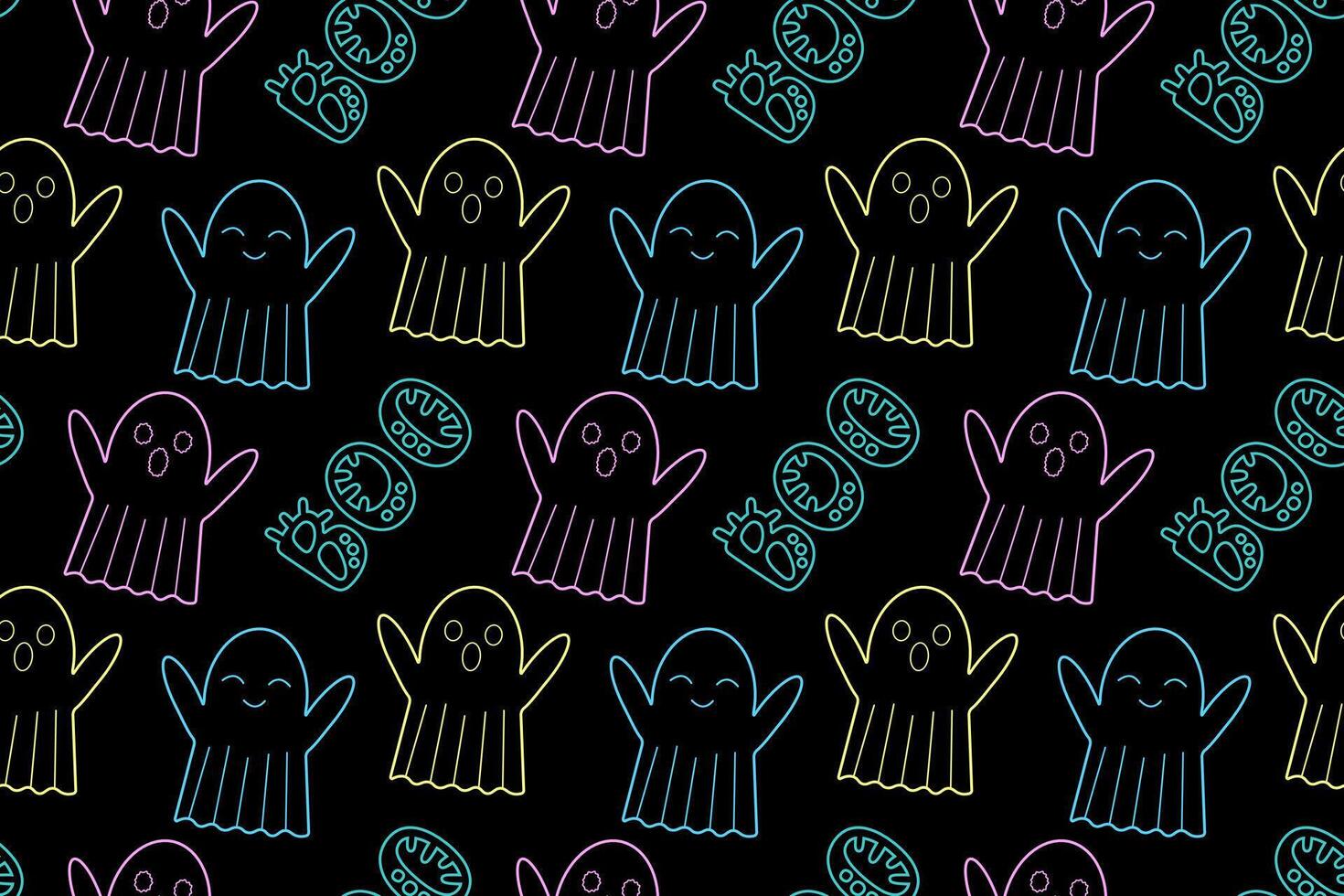 Seamless neon ghost pattern for Halloween. Playful glowing design on black background, perfect for spooky and festive decorations. vector
