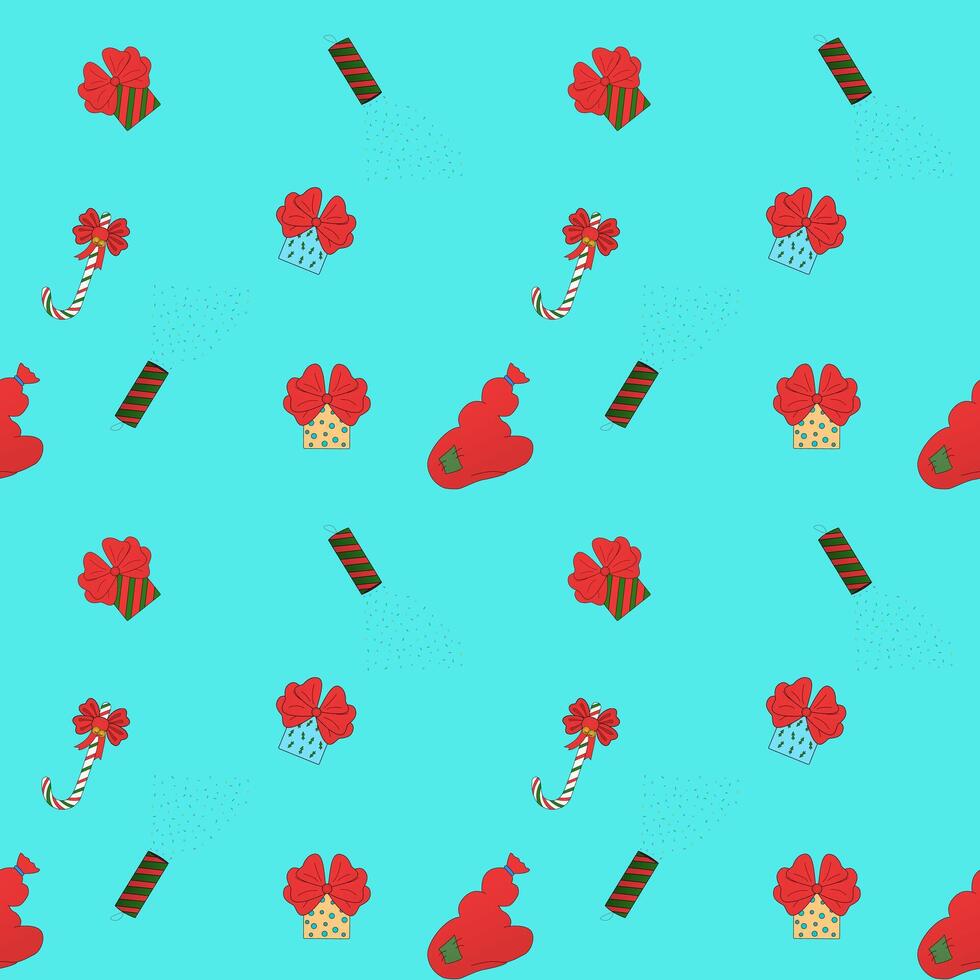 Presents, caramel cane, Santas sack, confetti clapper, Christmas color pattern vector