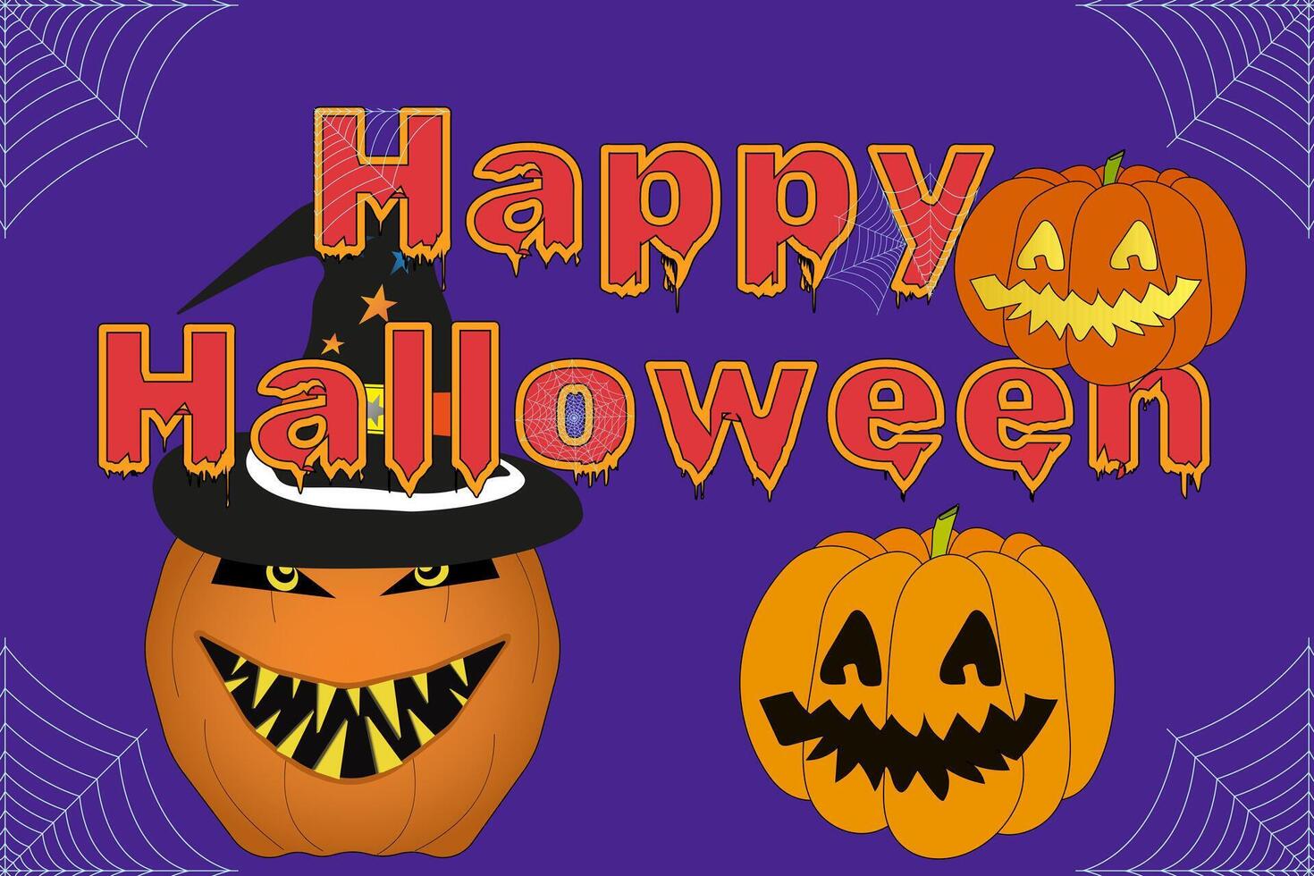 Vibrant Halloween design with spooky pumpkins, scary faces, witch hats, and cobwebs. Perfect for festive decorations and holiday projects. vector