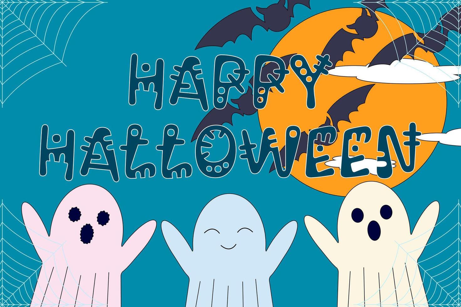 Playful Halloween illustration featuring cute ghosts, bats, and a full moon. Perfect for festive decorations and greeting cards. vector