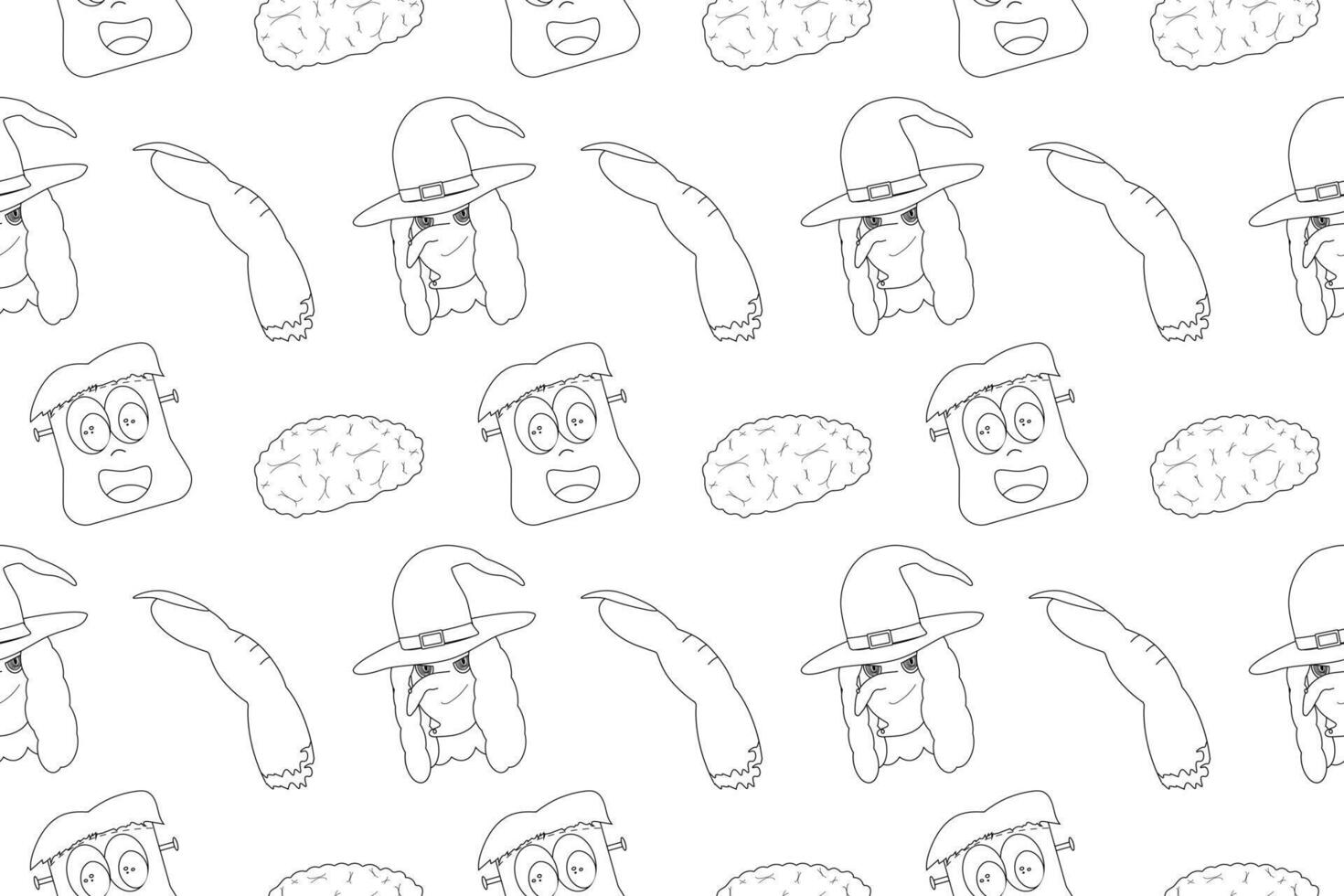 Fun Halloween-themed coloring page featuring witches, monsters, and brains in a seamless pattern. Great for kids and creative projects. vector