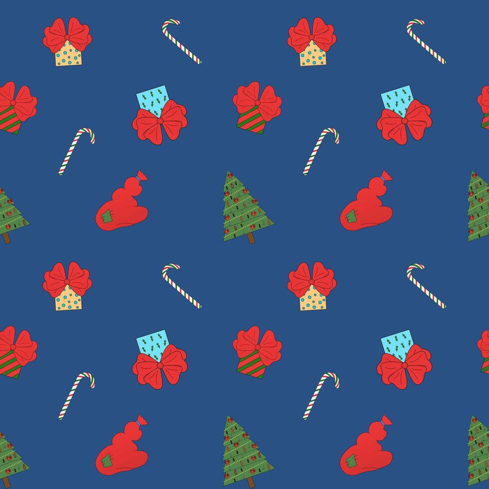 Presents, candy cane, Christmas tree, Santas sack, Christmas color pattern vector