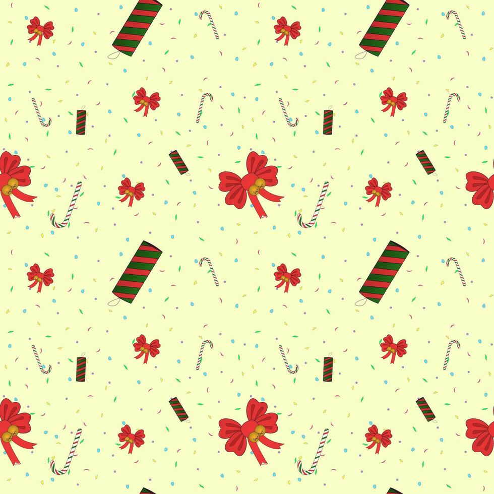 Red bows, a caramel cane and a confetti clapper, Christmas. color pattern vector
