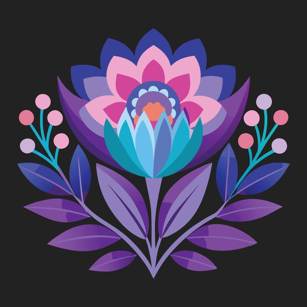 A purple flower with blue and pink leaves vector