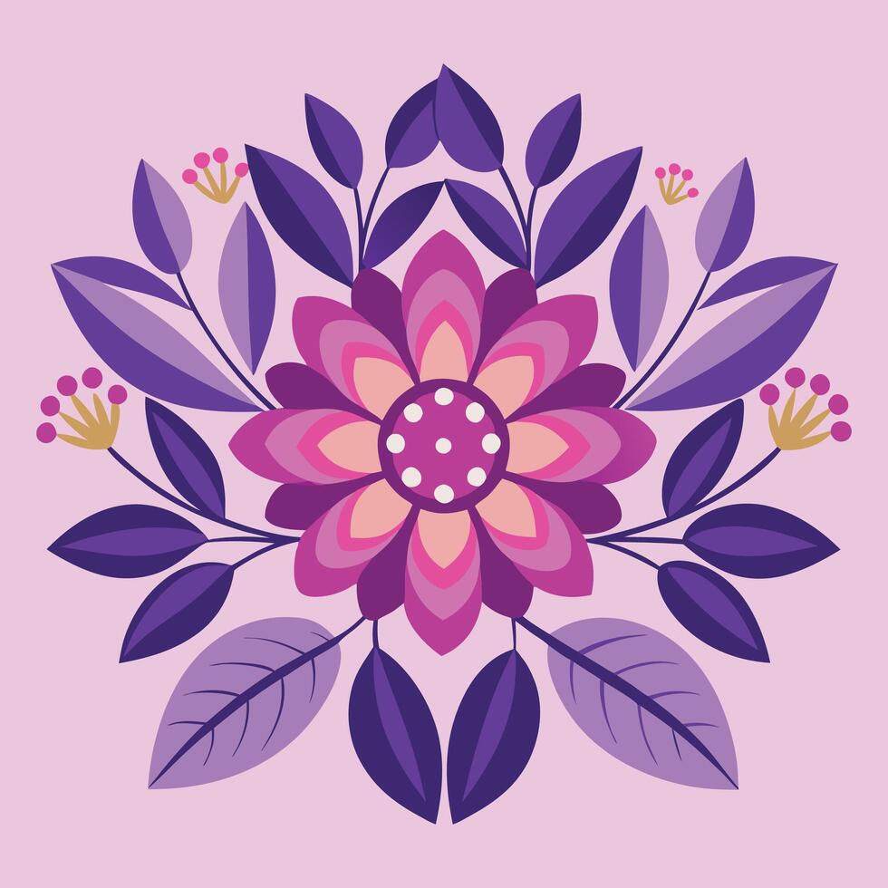A purple flower with leaves and flowers on a pink background vector