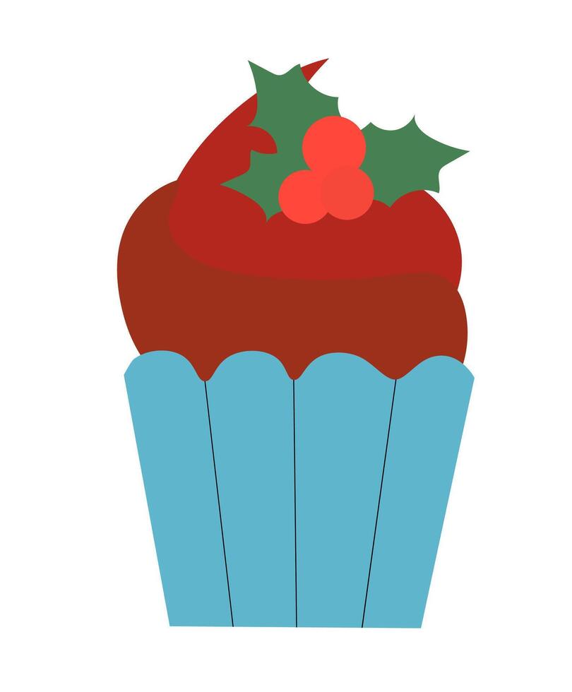 Christmas cupcake with mistletoe. Flat Illustration. vector