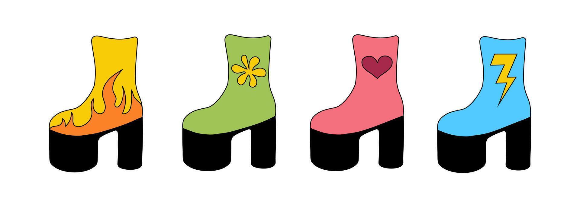 Set of trendy 1980 retro disco boots. Collection vintage shoes different design. flat illustration. vector