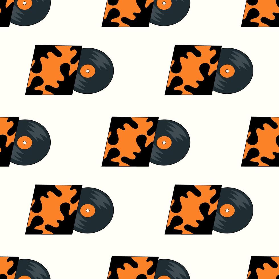 Seamless Pattern. Vinyl record with spots design cover. LP or long play music disc. DJ equipment for disco party background. 70s 80s 90s discotheque nostalgia concept. flat illustration. vector