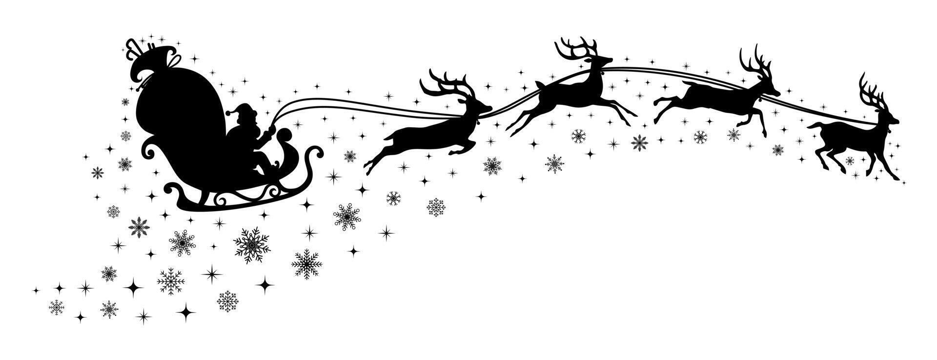 Black silhouette of Santa Claus and Reindeer Sleigh. for winter holiday decoration, and Christmas greeting card. vector