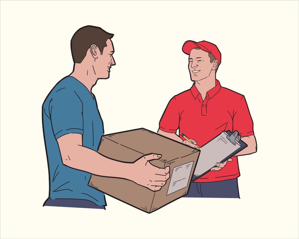 Illustration of delivery man giving package to customer. vector