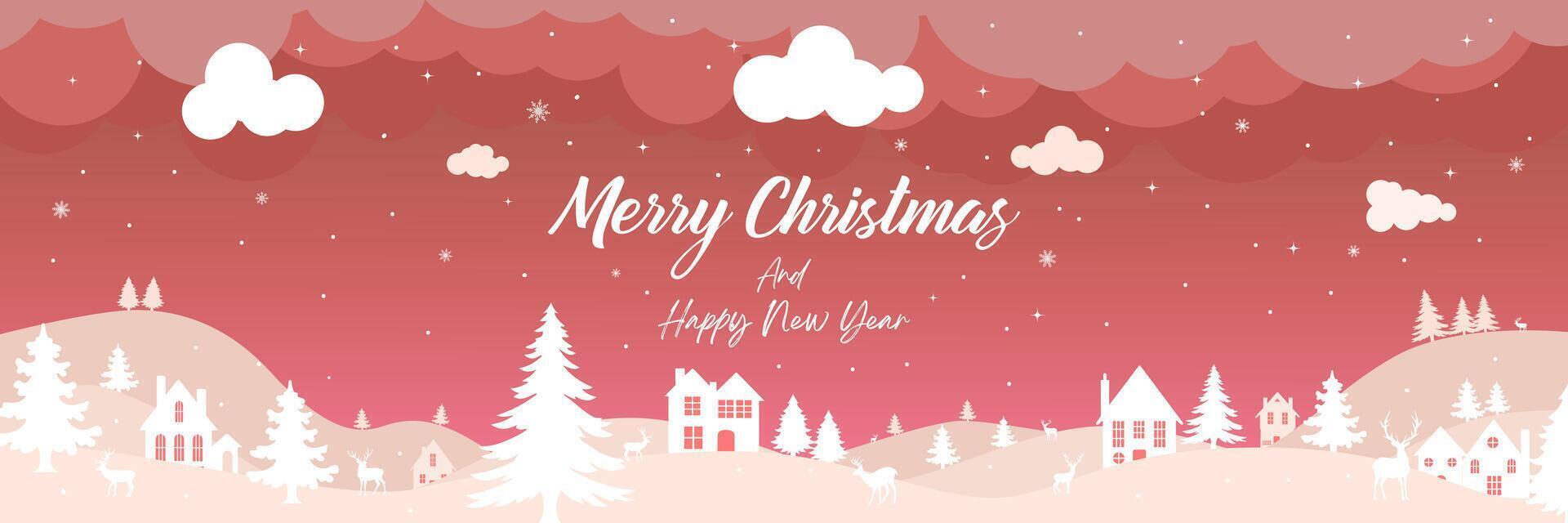 Red Christmas background, winter forest landscape. With text Merry Christmas and Happy New Year. vector
