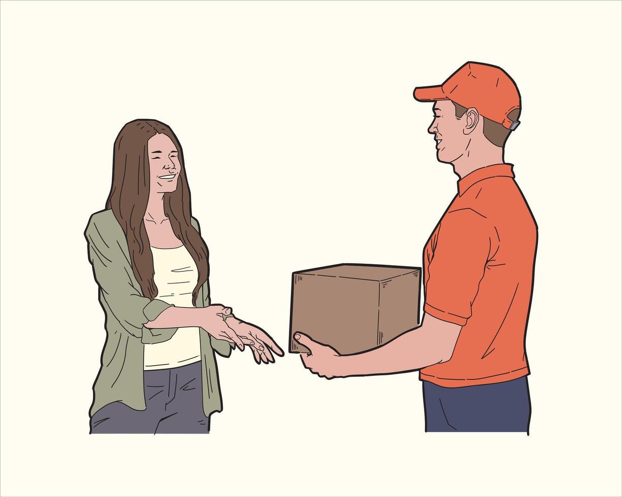 Illustration of delivery man giving package to customer. vector