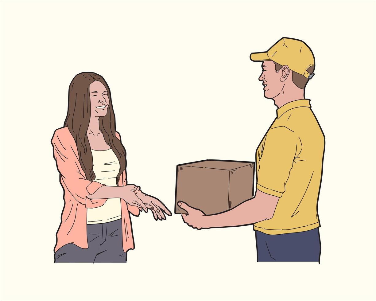 Illustration of delivery man giving package to customer. vector