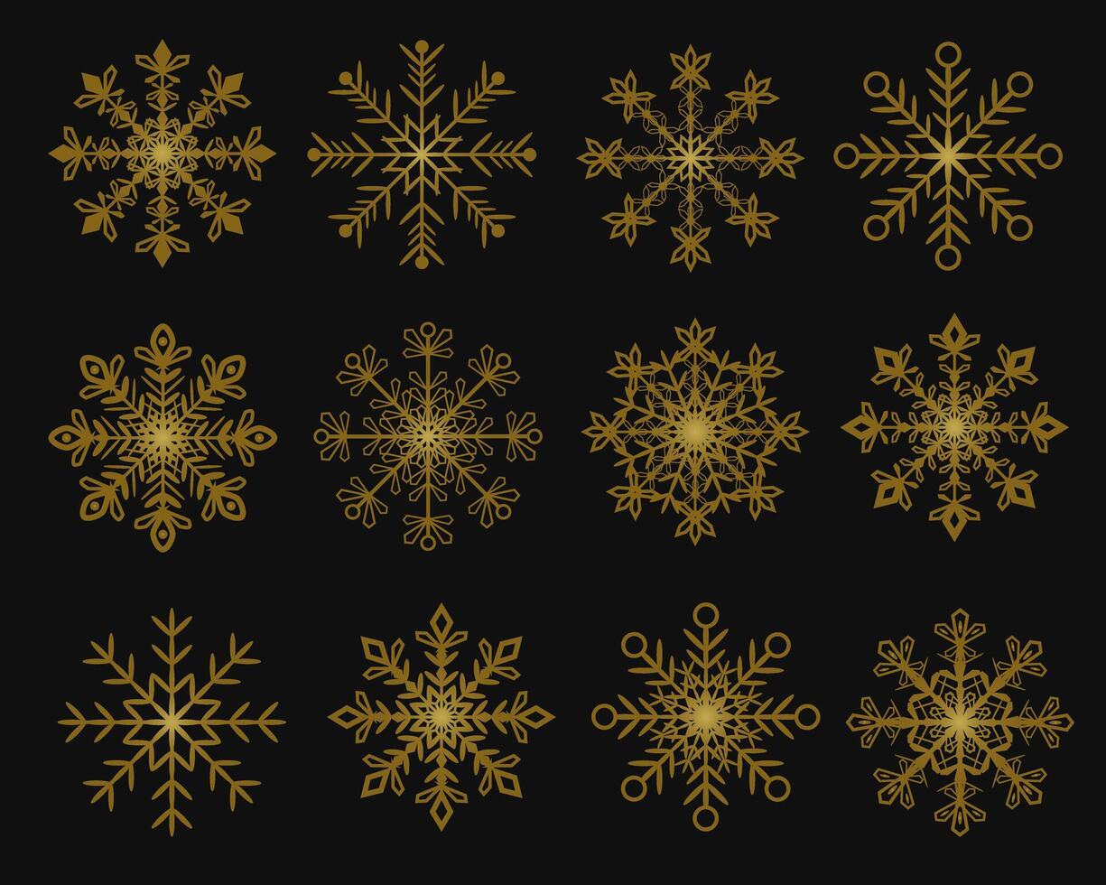 Various shapes golden snowflakes on black background vector