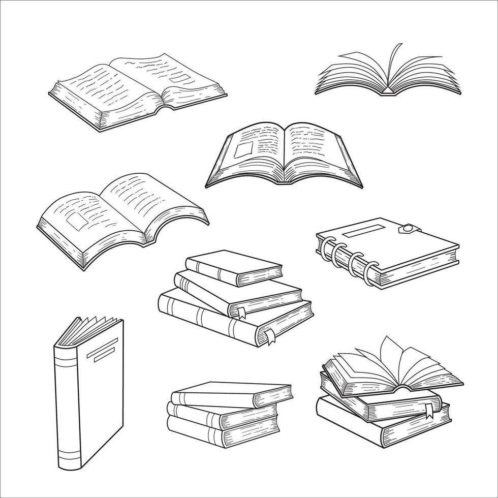 Hand drawing books set illustration line art. vector