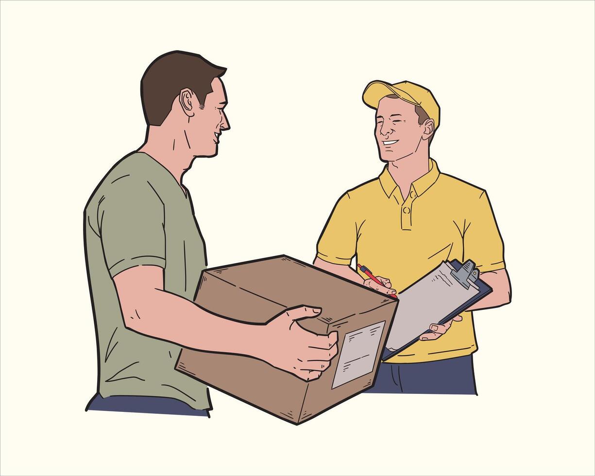 Illustration of delivery man giving package to customer. vector