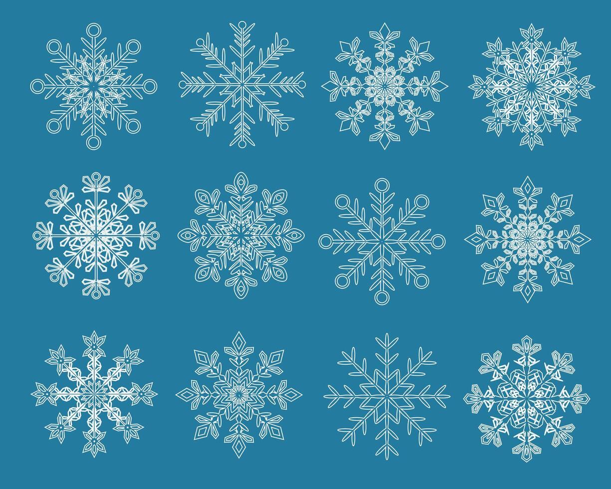 Various shapes white snowflakes icon set template. vector