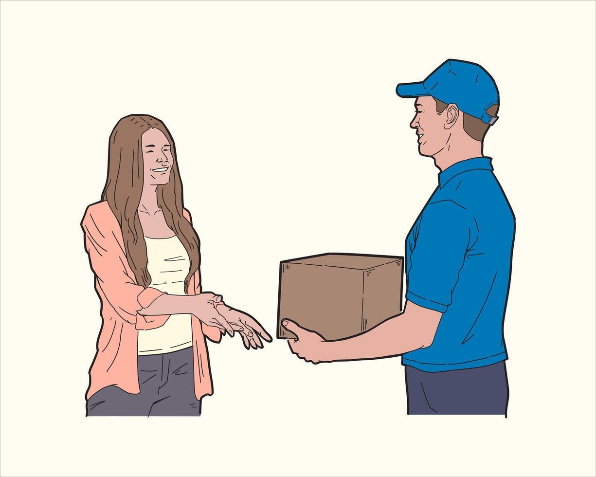 Illustration of delivery man giving package to customer. vector
