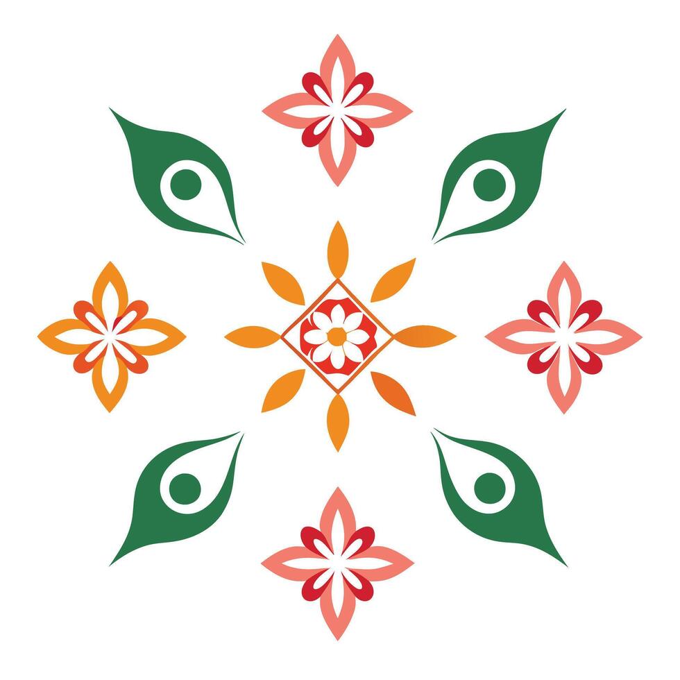 A colorful flower design with green, orange and red leaves vector