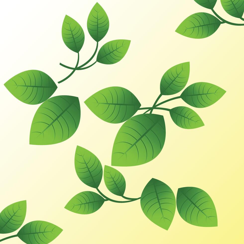 Green leaves floating gracefully on a soft yellow background, creating a tranquil botanical atmosphere. vector