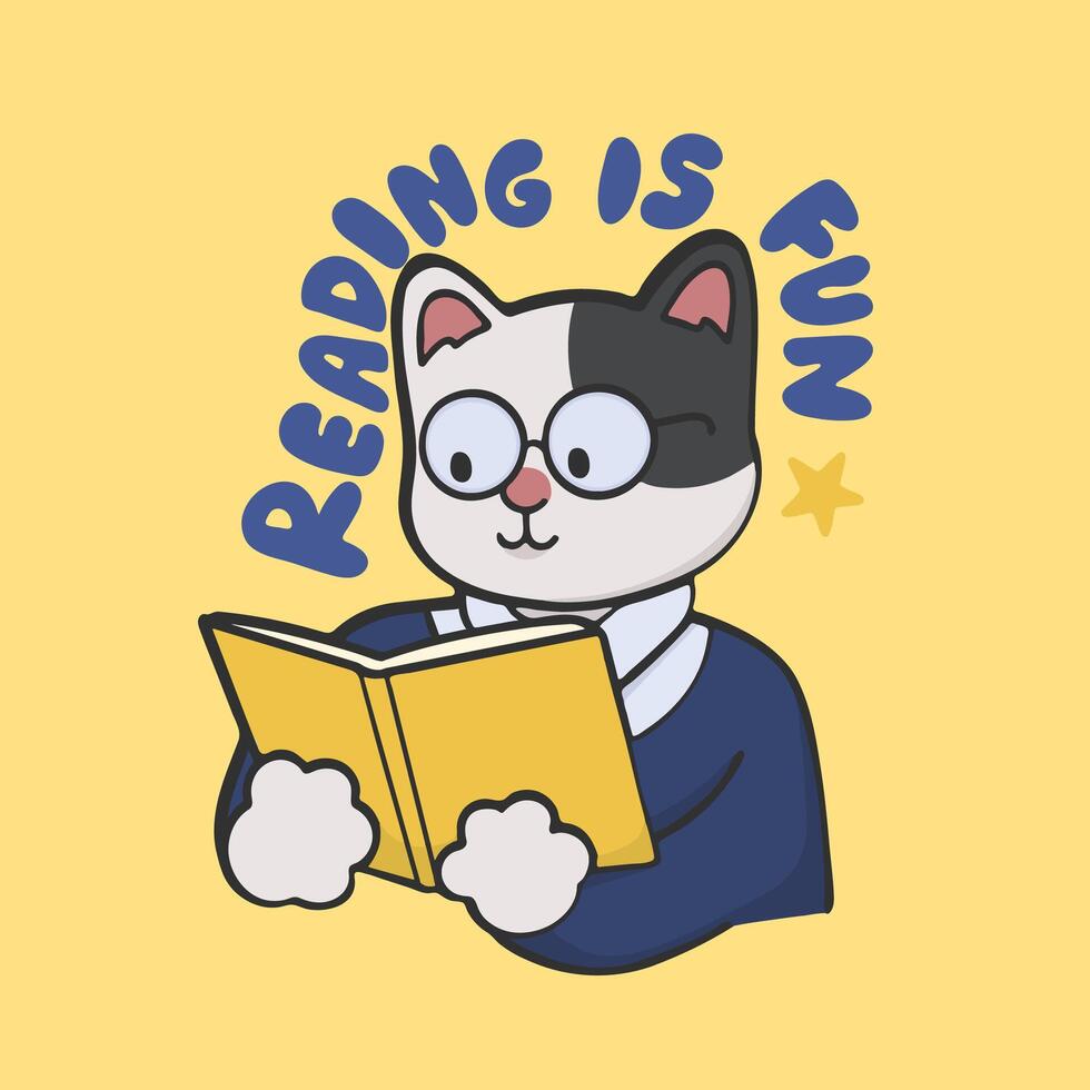 Reading is Fun Cat Sticker Cute Illustration vector