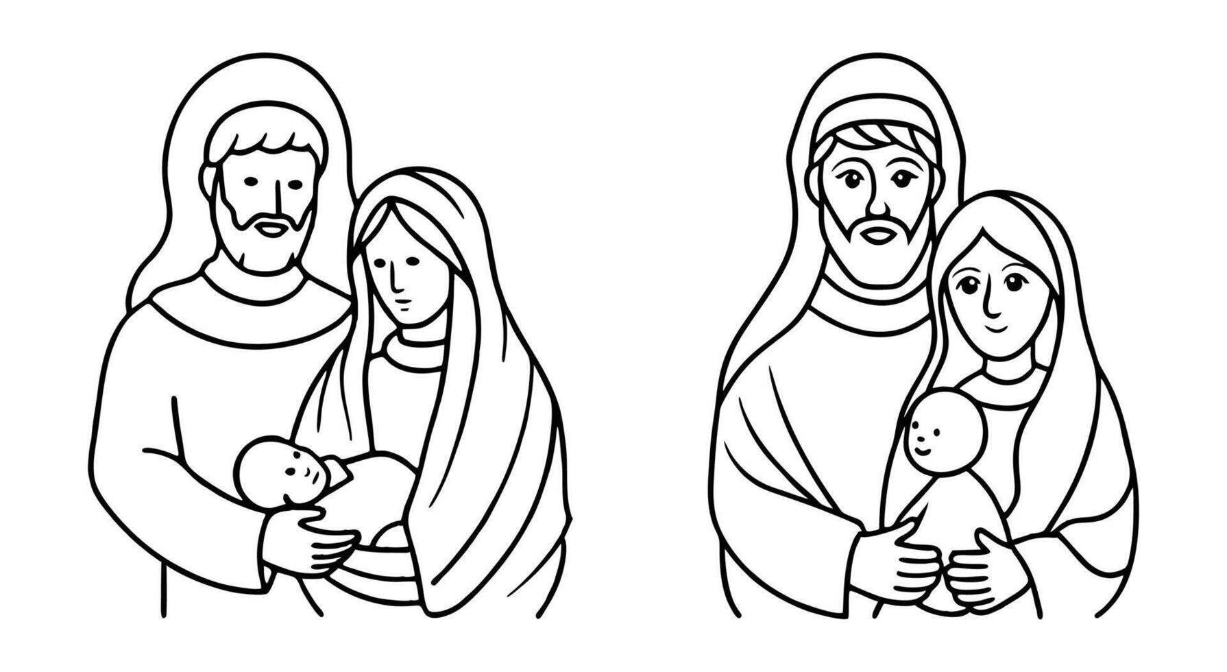 Black and white illustration of the Holy Family, Joseph, Mary, and baby Jesus, in a simple, minimalist style, perfect for religious or Christmas themed designs vector