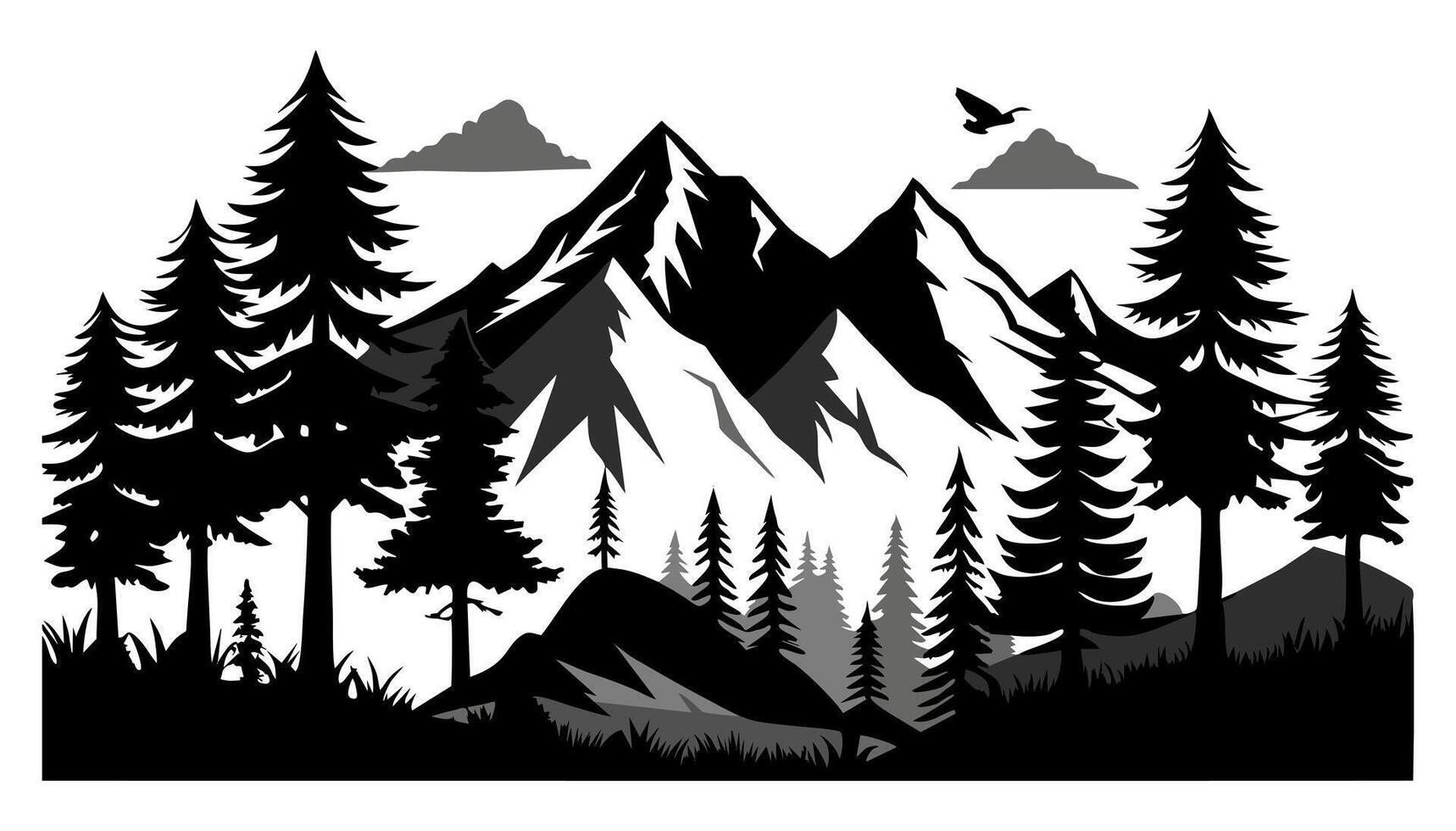 A black and white silhouette of a mountain range with pine trees and a flying bird, perfect for nature, travel, and adventure themes vector