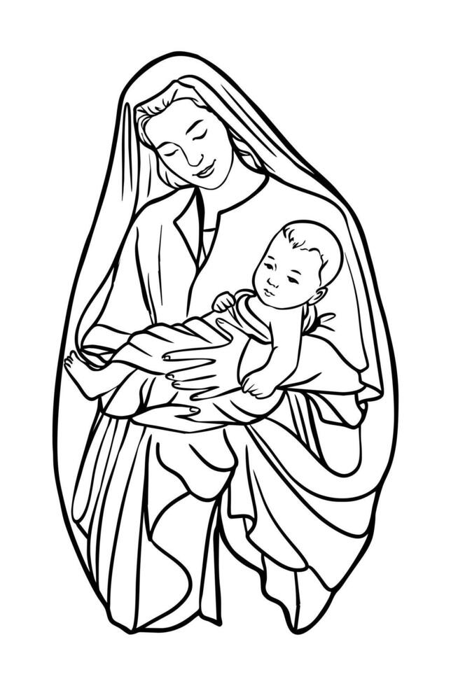 Virgin mary holding baby jesus christ black and white line art drawing vector
