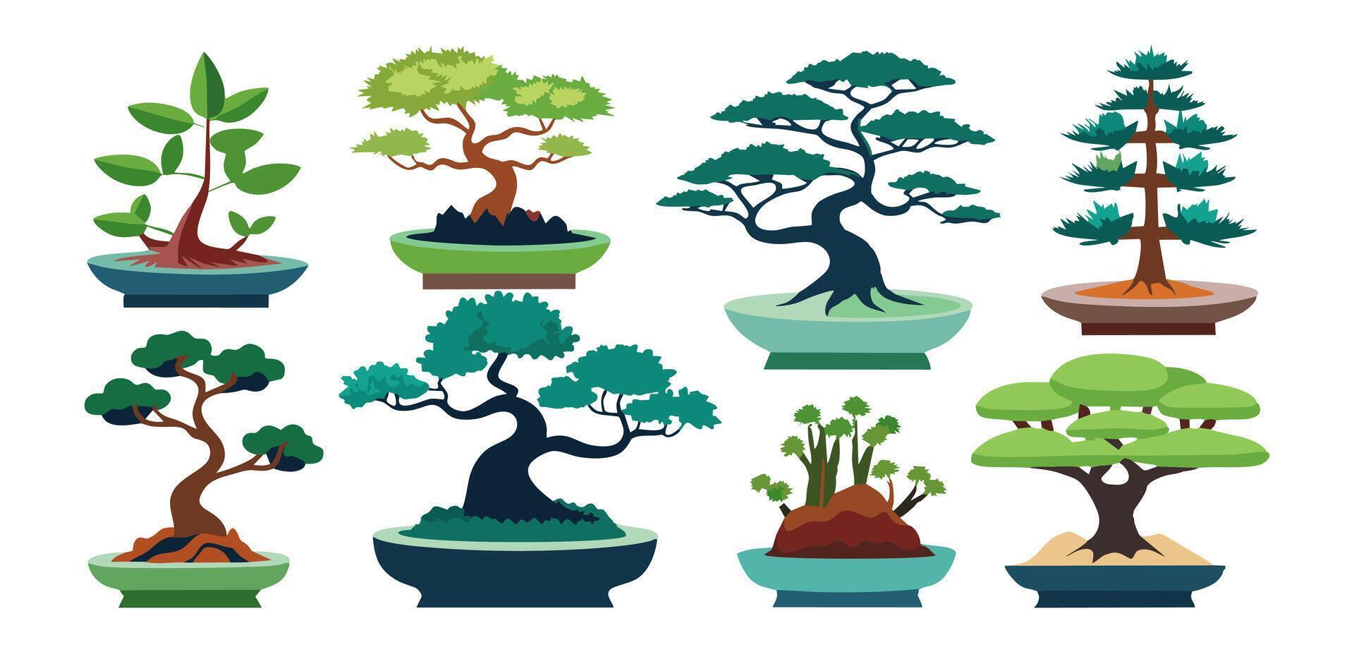 A collection of a variety of bonsai trees in different styles, for gardening vector