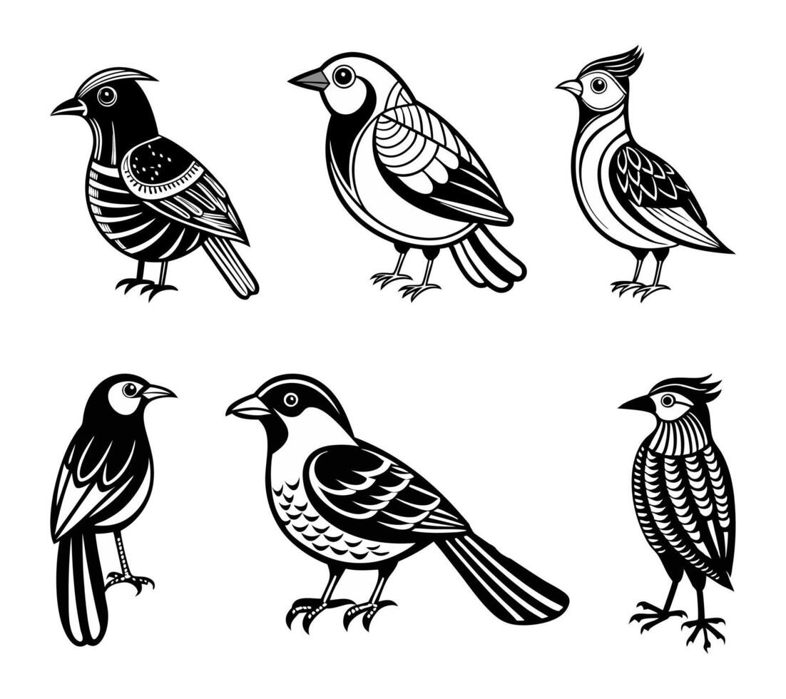 A set of six stylized black and white bird illustrations, perfect for nature, ornithology, and design projects vector