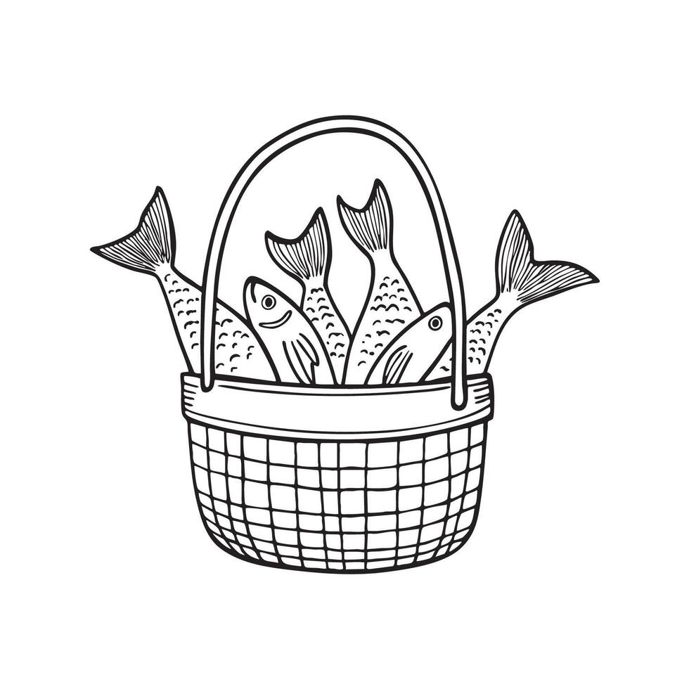 An illustration of a basket filled with fresh fishes vector