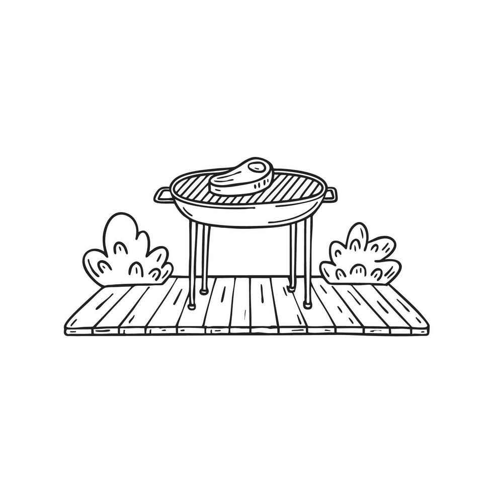 meat on barbecue on a wooden deck with bushes vector