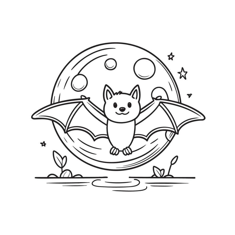 An illustration of a bat flying under a full moon vector