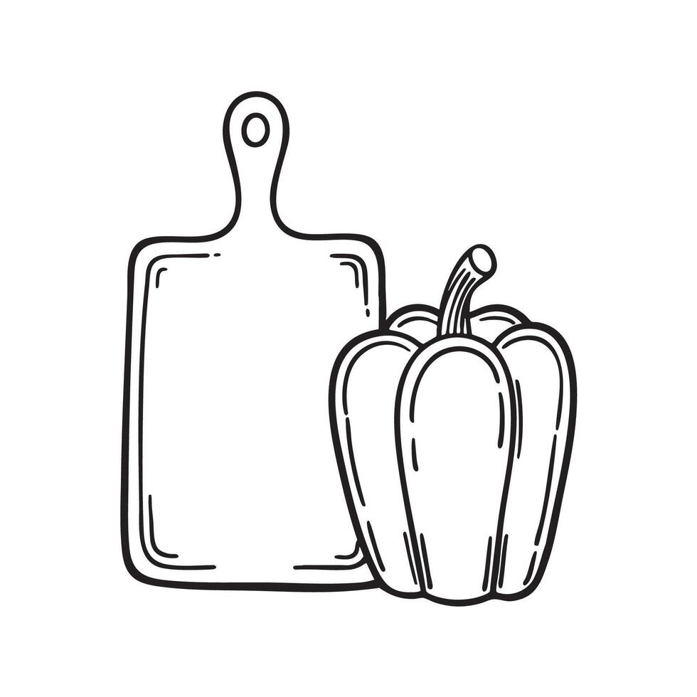 An illustration of a bell pepper next to a cutting board in a kitchen vector