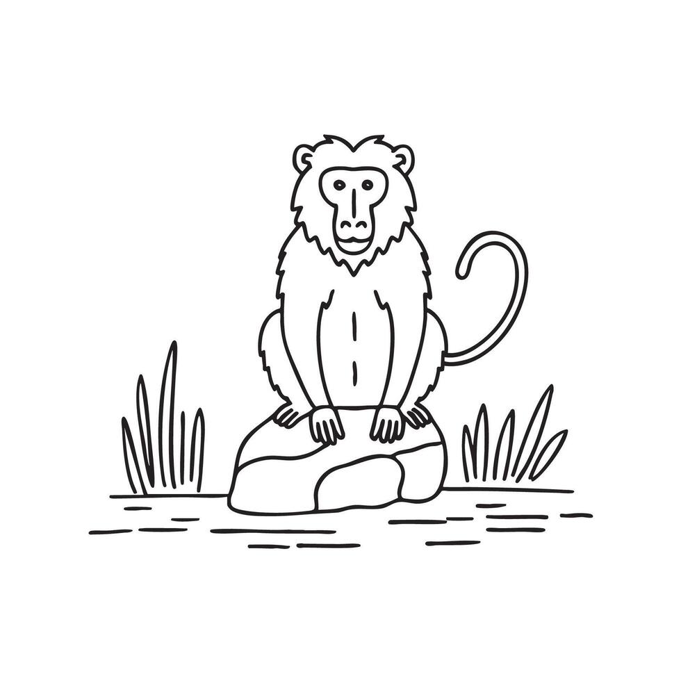 An illustration of a baboon sitting on a rock in the savannah vector