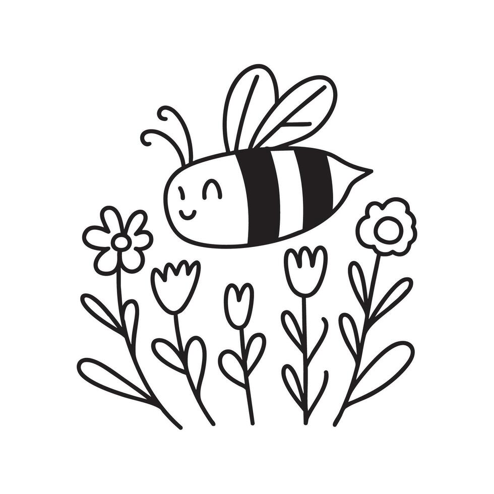 An illustration of a bumblebee flying over flowers vector