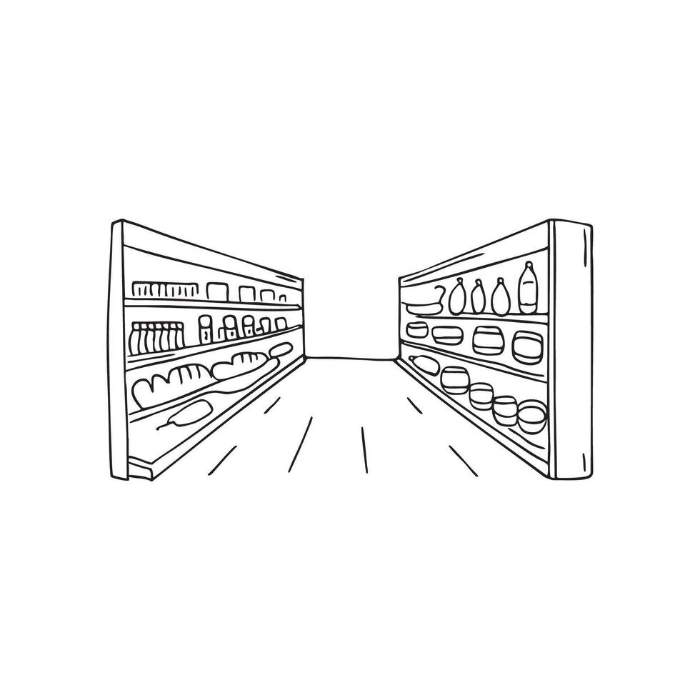Illustration of an aisle in a grocery store filled with items vector