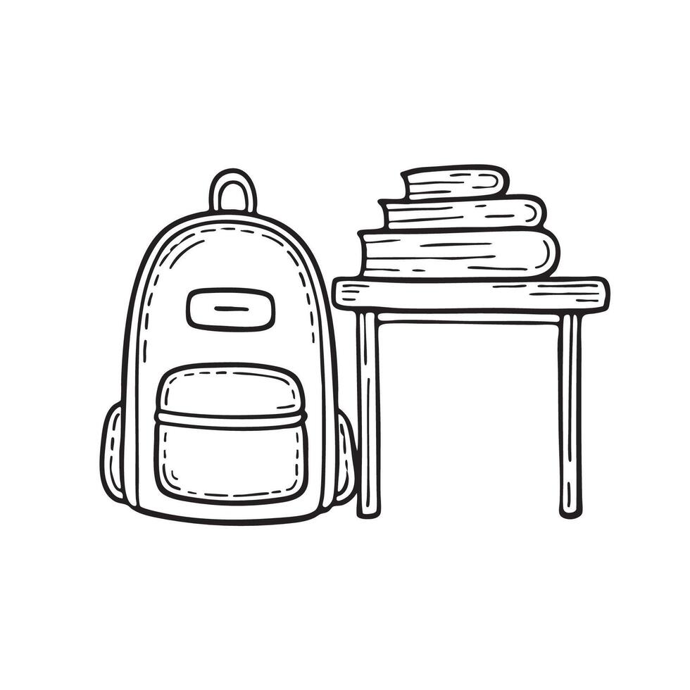 An illustration of a backpack leaning against a classroom desk vector