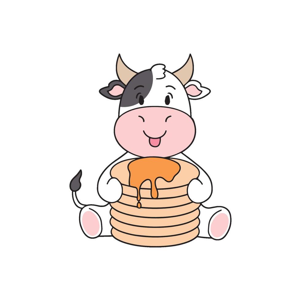 illustration of cute cow holding pancakes with syrup and butter vector