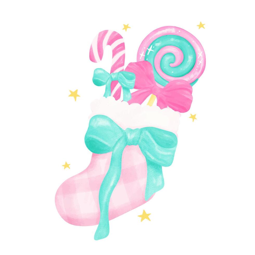 Preppy Coquette Christmas stocking with candy cane Pastel pink and mint green watercolor hand painting vector