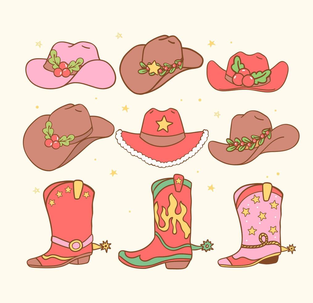 Retro Christmas Cowboy boots and cowboy hats collection hand drawn cartoon doodle vector