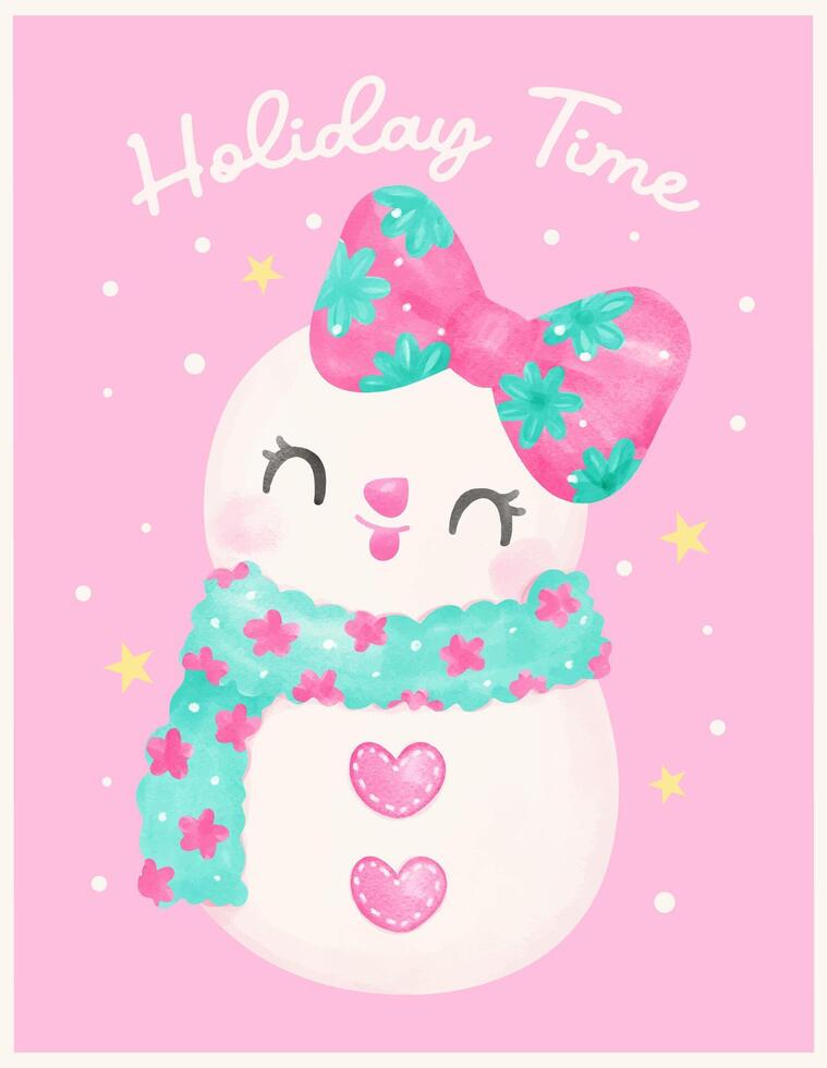 Preppy Coquette Christmas Snow Girl watercolor hand painting in Pastel Pink and Mint green color vector