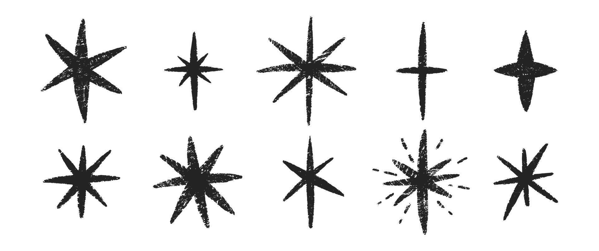 Set of stars with crayon, chalk or pastel texture. Hand drawn Kids illustration. vector