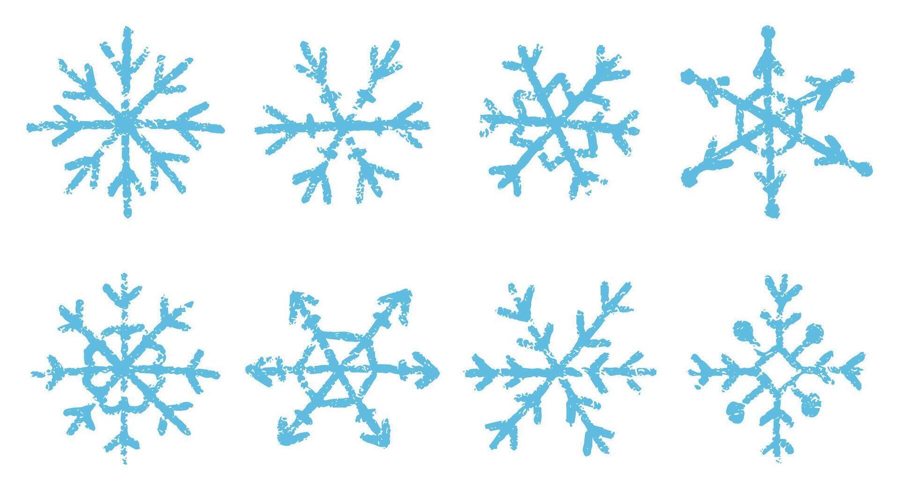 Set of blue handdrawn snowflakes with crayon, chalk or pastel texture. Kids illustration on a white background. vector