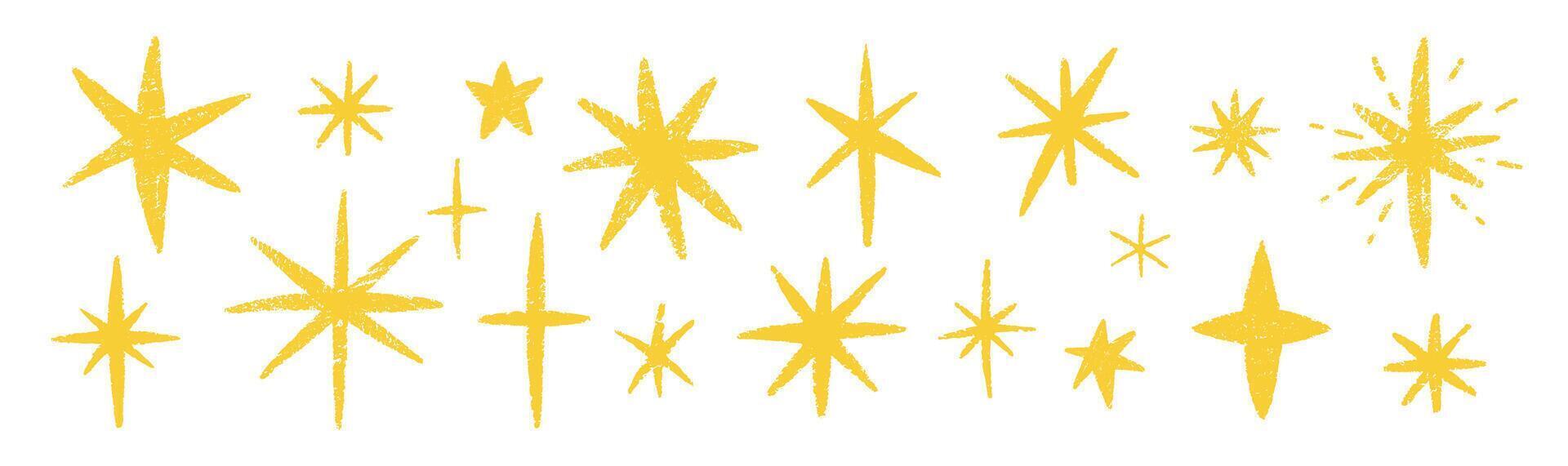Set of stars, twinkle and spark with crayon, chalk or pastel texture. Yellow and drawn Kids illustration on a white background. vector