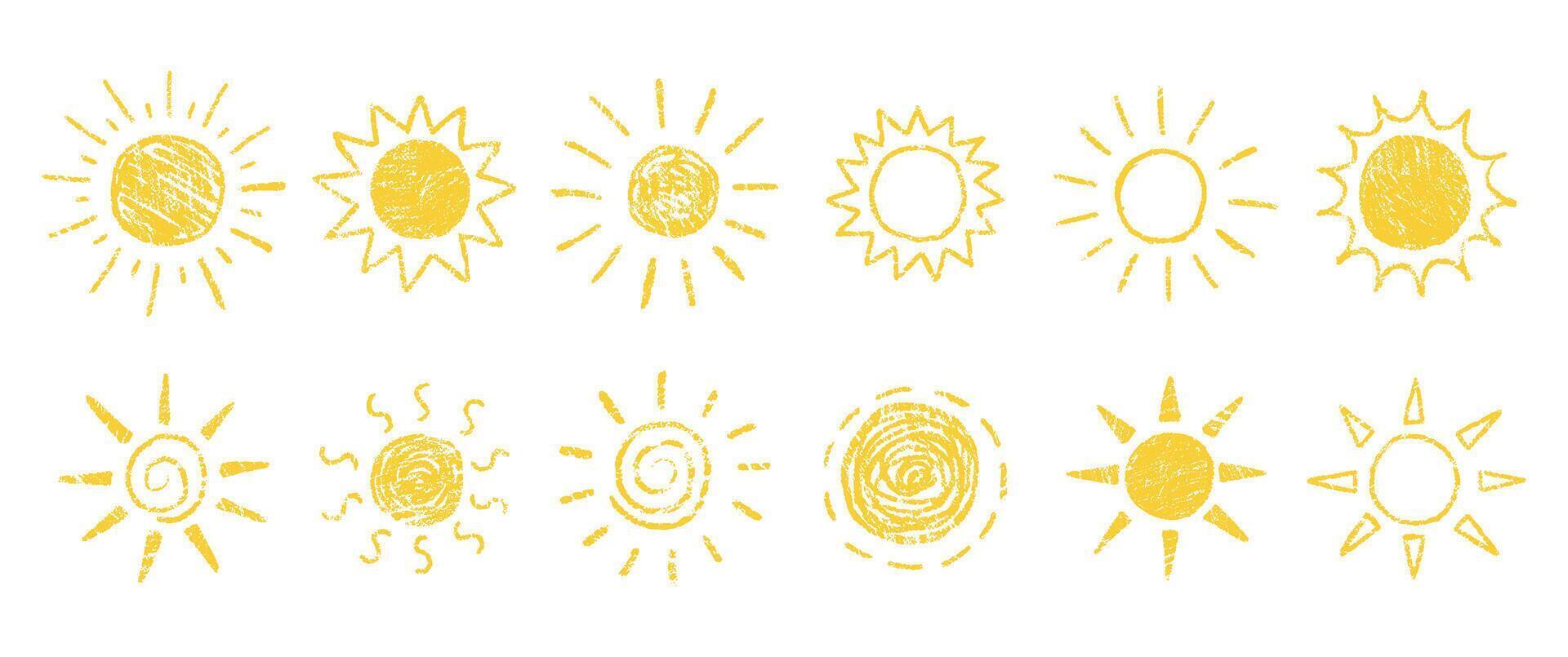 Set of handdrawn orange sun with crayon, chalk or pastel texture. Summer grunge illustration. vector