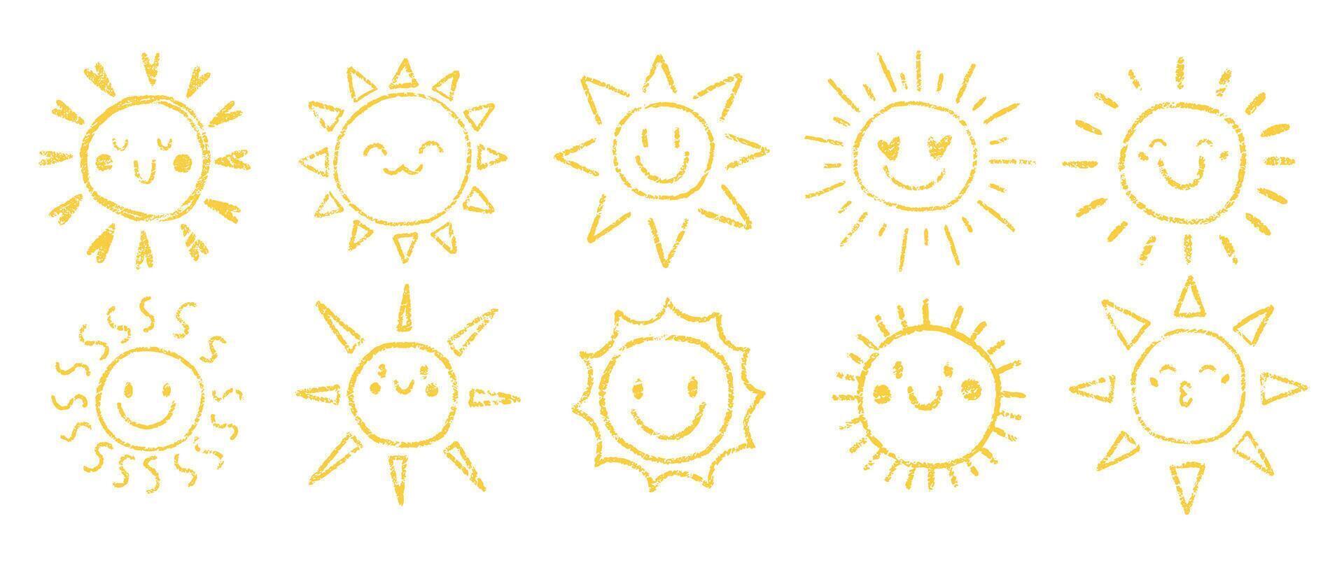 Set of grunge cute sun with crayon, chalk or pastel texture. Summer kids illustration with handdrawn style. Orange illustration. vector