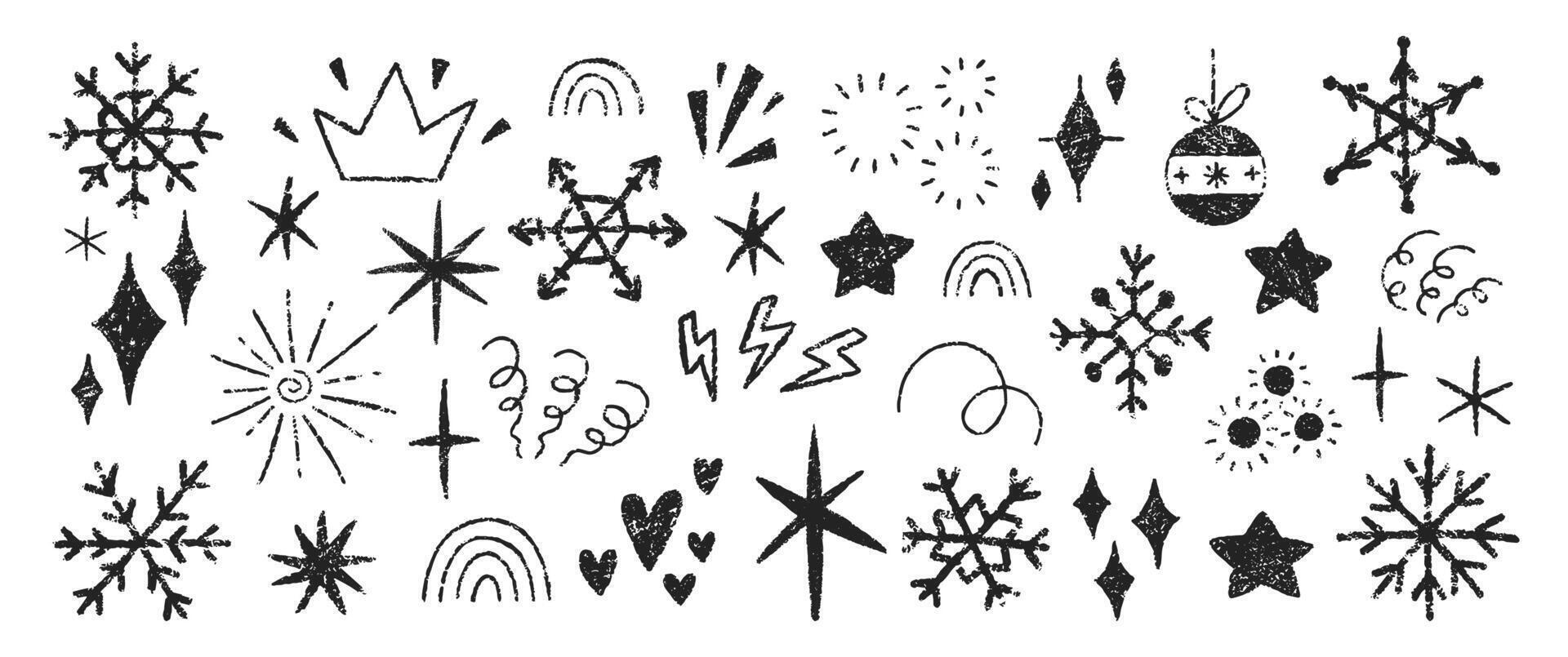 Set of doodle elements for Christmas, birthday, or children party with crayon, chalk or pastel texture. Kids illustration. vector