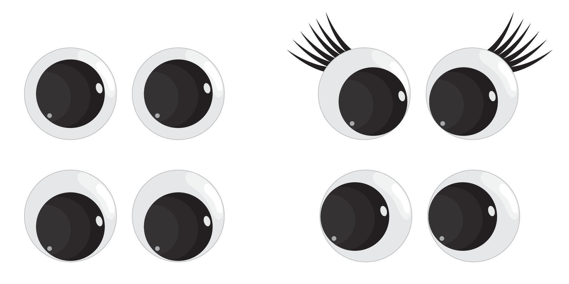 A set of plastic toy eyes. Glossy, bulging, puppet eyes. Cute, round, , isolated elements. Look down, up, left, right. Different, shaking, silly, hilarious pairs of eyeballs. vector