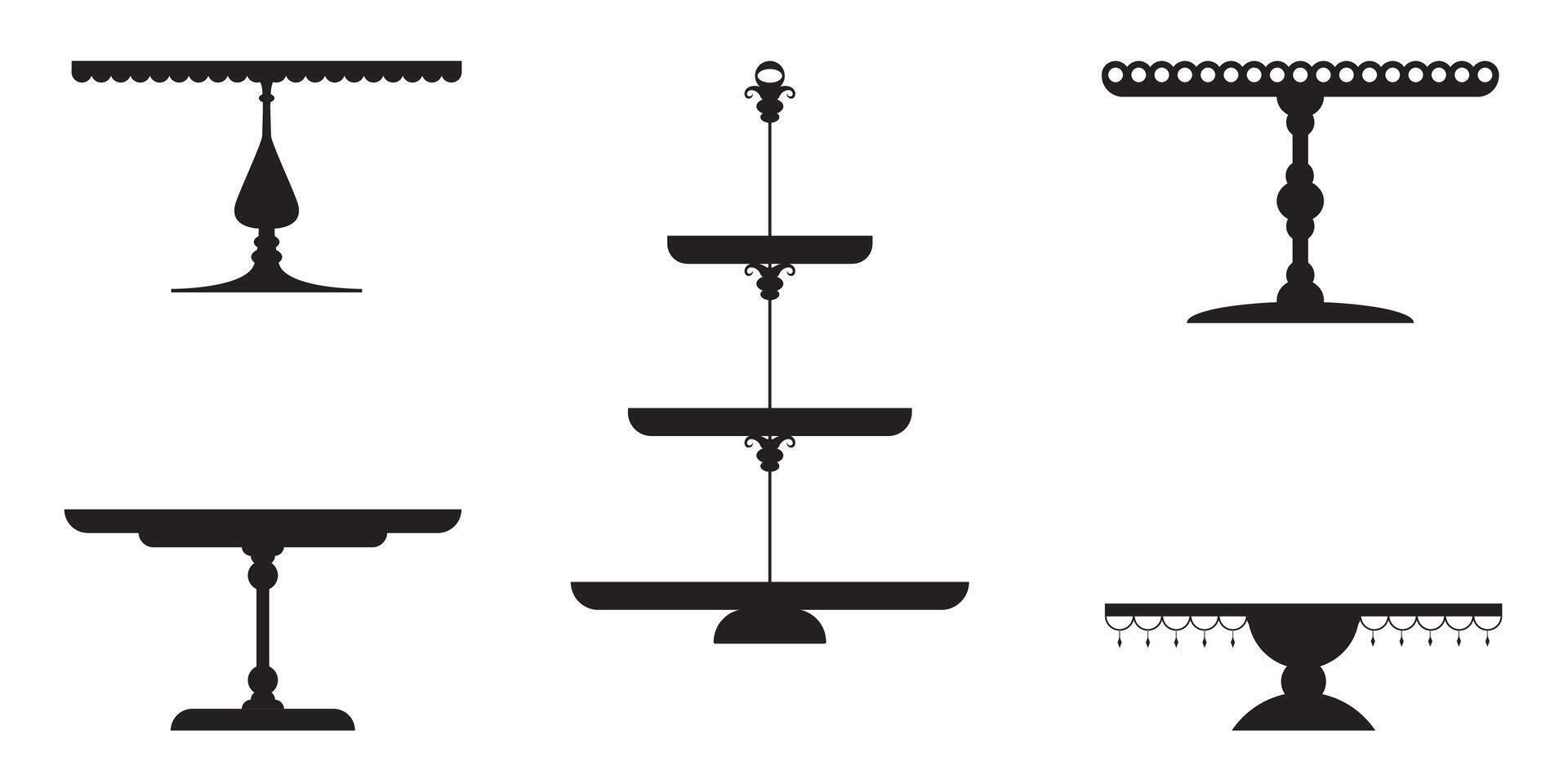 Wedding Tea Cake Platter, Isolated Stand Tray Silhouette. Retro Table Stand, Pedestal And Display Plate For Desserts, Sweet Food And Pastries. Serving Cake Display Platter, Tiered Stand vector